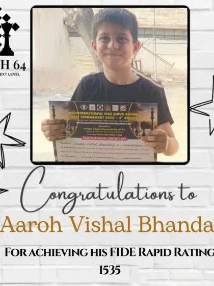 A big congratulations to Aaroh Vishal Bhandary for achieving his FIDE Rapid rating of 1535. This accomplishment reflects his commitment to mastering chess strategy.
