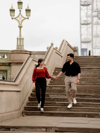 Hand in hand, stepping into their future with the iconic London Eye as their witness. I love capturing the movement and natural interaction between a couple during a city pre-wedding shoot.