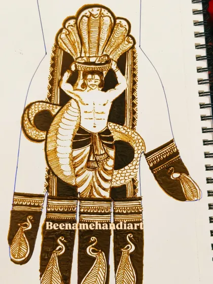 A powerful Janmashtami design sketch showing Vasudeva carrying baby Krishna across the Yamuna river, protected by the Sheshnaag.