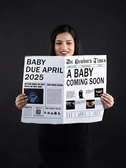 Announce your wonderful news in a fun and creative way. We offer unique props like this custom "The Newborn Times" newspaper, which includes your due date and ultrasound scan for a personalized pregnancy announcement photo.