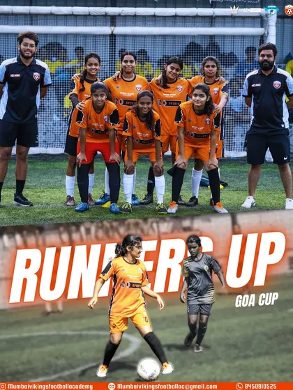 We came, we saw, we conquered. Here is our girls' squad celebrating as runners up at the Goa Cup 2025. This picture shows our team with their coaches and a player in full control during the match, proving we compete at the highest level.