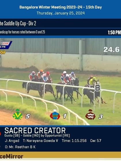 Race 2 results from January 25, 2024: Sacred Creator wins The Saddle Up Cup.
