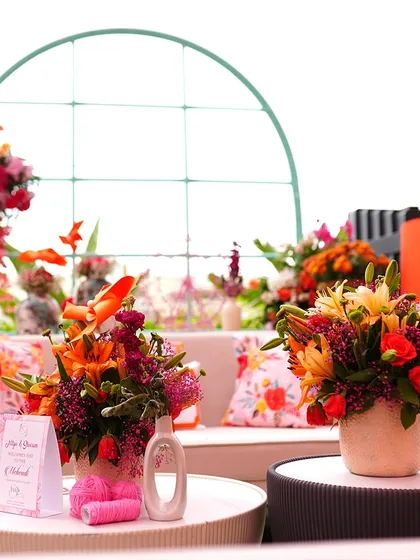 Close-up of a vibrant floral arrangement. I work with the best florists to create stunning displays that are central to the event's decor.