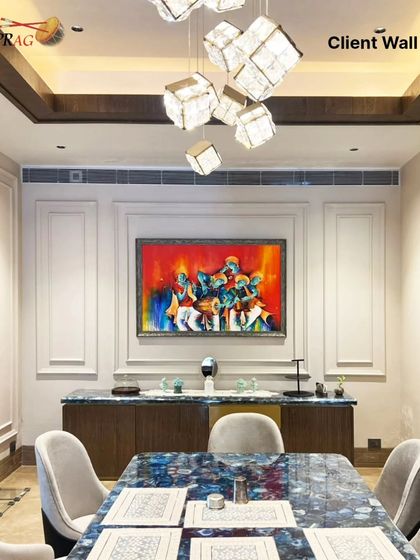 Placed in a grand dining room, the artwork's vivid red background contrasts stunningly with the blue agate table and modern chandelier, creating a luxurious and artistic ambiance.