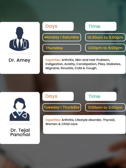 Dr. Amey and Dr. Tejal Panchal are available in Andheri, specializing in arthritis, lifestyle disorders, and women & child care.
