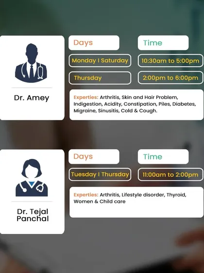 Dr. Amey and Dr. Tejal Panchal are available at our Andheri branch, specializing in arthritis, skin and hair problems, and women and child care.