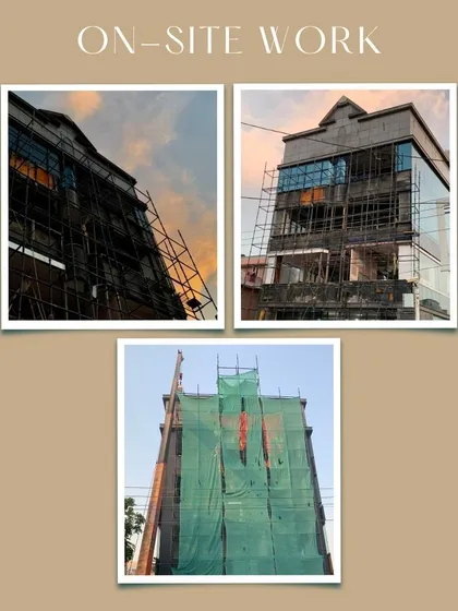 This collage shows the on-site work for a facade redevelopment in South Delhi. My hands-on project management involves being present during critical phases like the installation of scaffolding and the new aluminum facade.