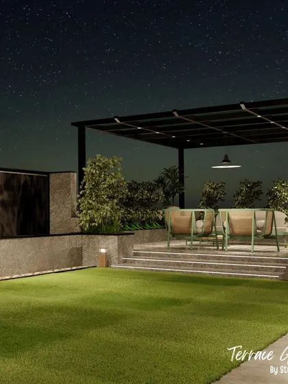 This render shows a proposed terrace design with a raised seating area under a pergola. Using levels helps to define different functional zones within a single outdoor space.