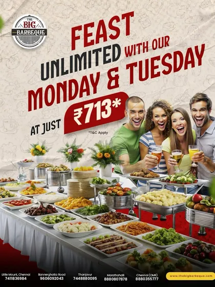 Feast unlimited with our Monday and Tuesday offer. Enjoy our massive spread of dishes for just ₹713.