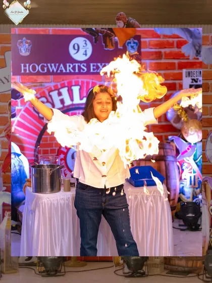 A touch of real magic at a Harry Potter party. I arrange for unique entertainment, including captivating performers like this fire artist, to add a 'wow' factor that leaves guests of all ages spellbound and makes the event truly memorable.