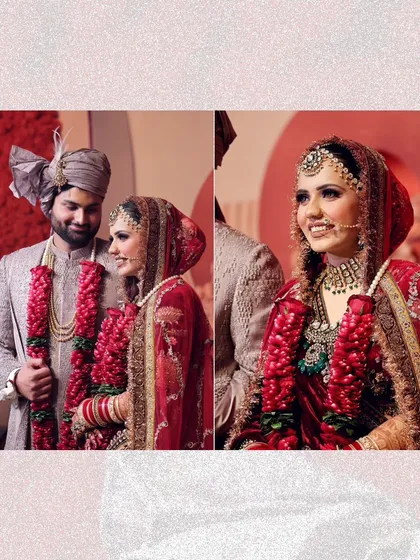 A collage of two beautiful moments from the wedding ceremony. One shows the groom's loving glance, and the other shows the bride's radiant smile, capturing both their perspectives.