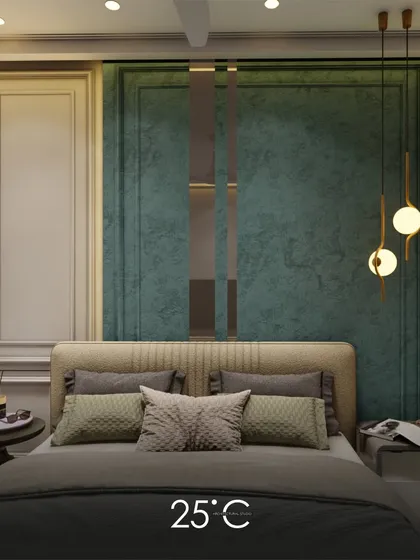 This bedroom design uses a sophisticated color palette of deep teal and beige. The wall behind the bed features classic molding and a textured finish, complemented by modern pendant lights for a touch of contemporary elegance.