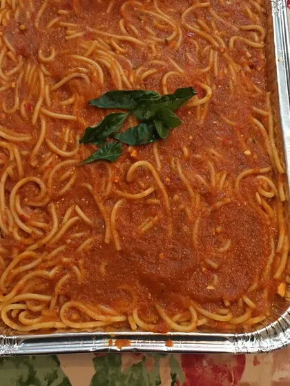 Another look at my spaghetti, prepared in a large foil tray for a catering order. This is a great option for parties with kids or for when you want a mix of Indian and continental food.