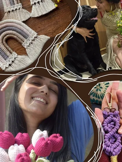 Another collage celebrating our small beginnings and big dreams. It features some of our favorite moments, our beloved dog, and the colorful creations that define our brand.