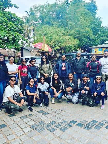 The whole gang together for a breakfast ride. We welcome riders of all levels to join our community events.