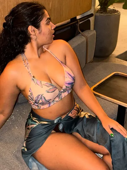 A closer look at the beautiful tropical print on the bikini top. I love finding swimwear with unique patterns and colors.