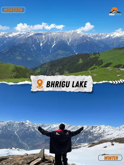 Bhrigu Lake: A comparison of the trail in monsoon (green and lush) versus winter (a white wonderland).