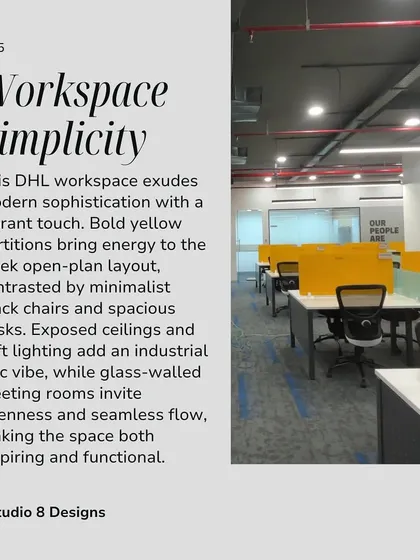 This is a look into the modern, sophisticated workspace we designed for DHL. We used bold brand colors, like these yellow partitions, and an open-plan layout with industrial touches to create an energetic and functional environment that inspires collaboration.