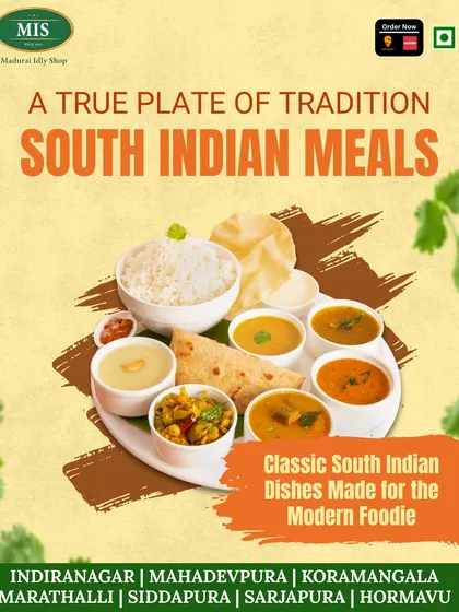 This is a true plate of tradition. Our South Indian Meals thali is a complete feast, featuring a balanced selection of rice, chapathi, sambar, rasam, poriyal, and more.