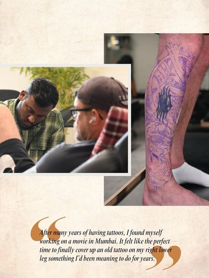 The start of a major leg cover-up. You can see the initial stencil work over the old tattoo, mapping out the new Japanese-themed design before the first line of ink is applied.