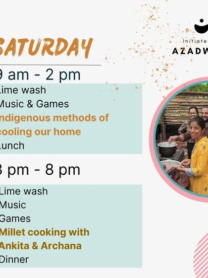 The schedule for our 'Putaai' event, featuring lime wash, music, games, and a session on indigenous methods of cooling our homes naturally.