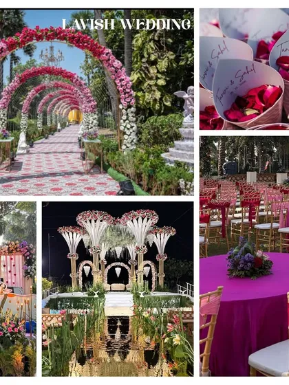 This collage highlights the elements of a lavish wedding, from a long floral archway entrance to custom cones for petal showers and a grand stage with a mirrored aisle. Every detail is planned for a spectacular effect.