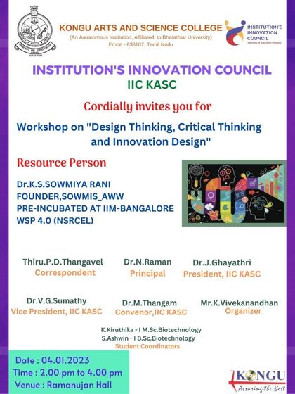 The invitation for a workshop I conducted on "Design Thinking, Critical Thinking, and Innovation Design" for the Institution's Innovation Council at Kongu Arts and Science College.
