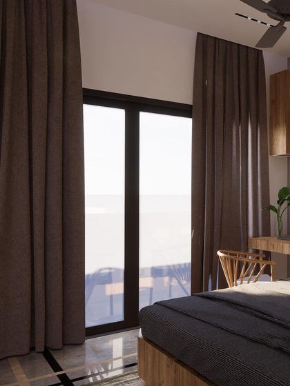 This render shows a bedroom designed to maximize natural light. A simple wooden bed frame and an integrated floating desk keep the space feeling open and airy, with dark curtains ready to create a cozy retreat at night.