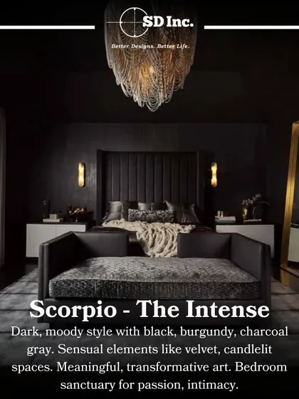 Zodiac interiors for Scorpio, the intense. A dark, moody style with black and burgundy, sensual elements like velvet, and a candlelit bedroom sanctuary.