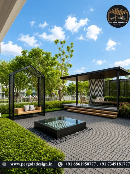 A modern and minimalist garden structure featuring a freestanding swing and a separate covered seating area. The clean lines and open design create a sophisticated and artistic landscape feature.