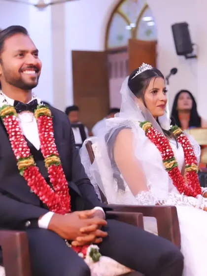 A beautiful shot of a Christian wedding ceremony in a church. The bride's makeup is classic and elegant, with a focus on natural beauty.
