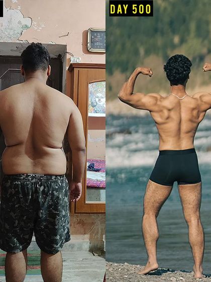 The back transformation of my client who lost 36 kg. This image shows the dramatic change from having significant back fat to developing a well-defined, muscular V-taper.