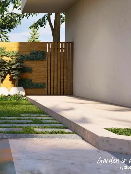 This 3D render shows a modern entrance concept with a wooden slat gate and wall feature. We design these elements to create a stylish and welcoming first impression for a home.