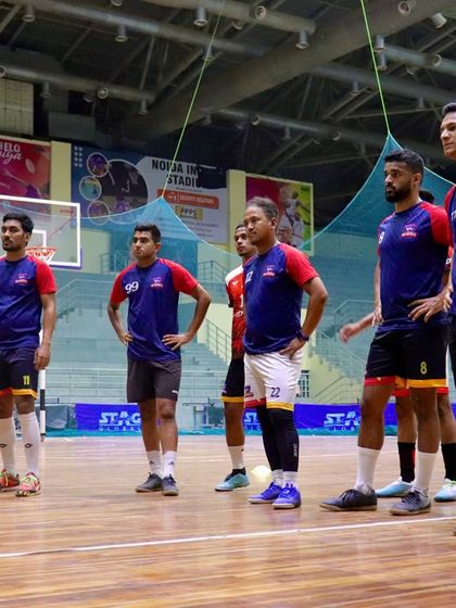 The Goal Hunterz FC futsal team stands ready for training. Our spacious indoor court allows for full team drills and strategic preparation for major championships.