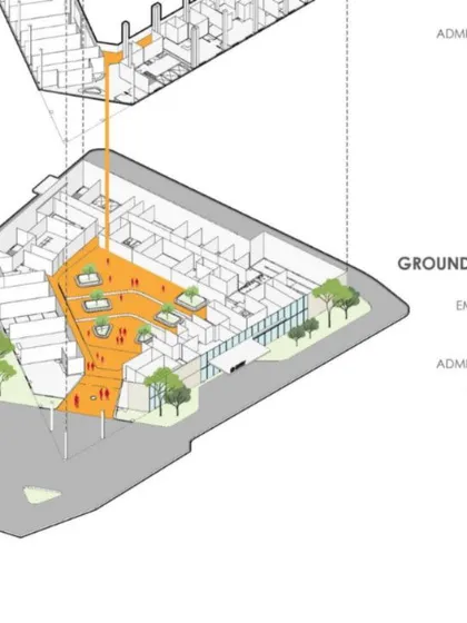 This axonometric drawing illustrates the ground floor plan of Paras Hospital. It shows how the central courtyard anchors the layout, organizing the flow between the waiting area, emergency, OPD, and other key services.