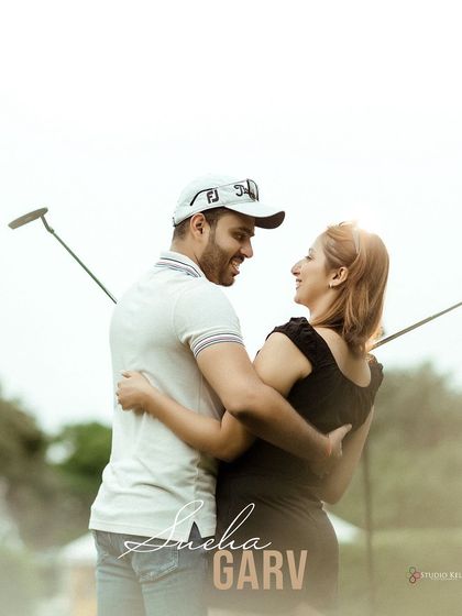 A sweet and happy portrait from a golf-themed pre-wedding shoot. This photo captures the genuine smiles and easy chemistry between the couple.
