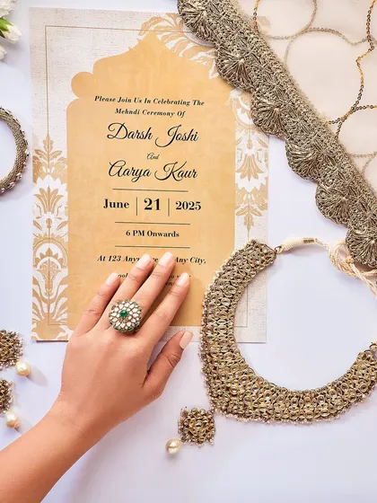 A flat lay of a traditional gold bridal set, perfect for a Mehendi ceremony invitation. To all 2024 brides, may your jewellery reflect the bright moments ahead.