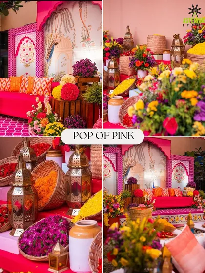 A "Pop of Pink" Haldi theme, with vibrant pink decor, traditional lanterns, and baskets of colorful flowers.