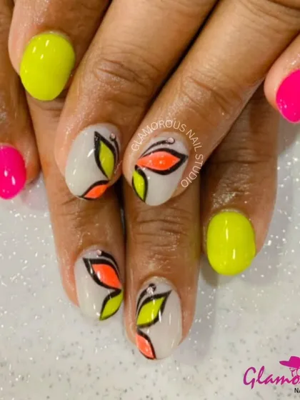 A bright and playful set combining neon pink and yellow nails with accent nails featuring colorful, hand-painted butterfly wings.