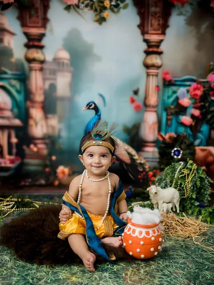A beautiful portrait of a baby boy in a Krishna-themed setup, complete with a peacock and flute.