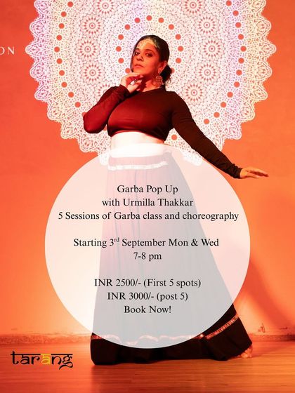 The official poster for our Garba Pop-Up Class, perfect for getting ready to rock the Navratri season with fun moves and choreography.