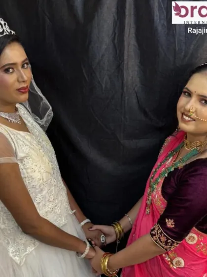 We teach a diverse range of bridal styles, as shown here with a Christian bride and a Rajasthani bride side-by-side.