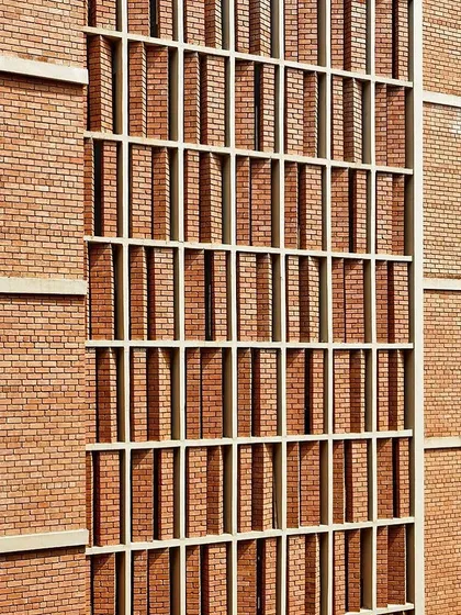 A closer look at the compressed earth block (CEB) facade at the Symbiosis University Hospital. This eco-friendly material provides excellent thermal mass, helping to keep the building cool naturally.