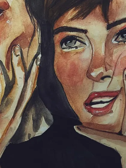 A close-up of the 'trio' sketch, this time with watercolor added to bring warmth and life to the faces.