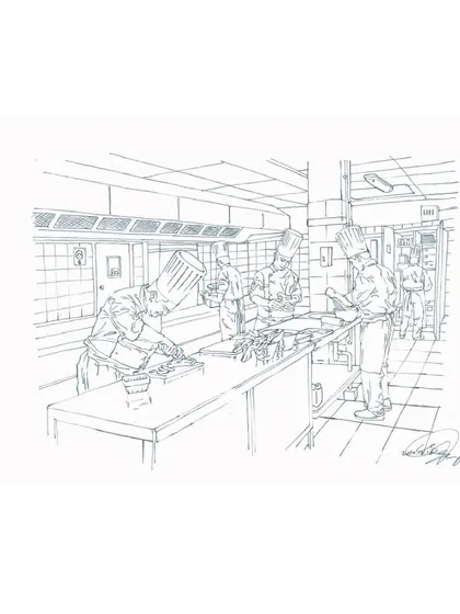 A sketch illustrating the workflow in our professional kitchen. It represents the organized, efficient, and hygienic environment our chefs work in to prepare every dish to the highest standard, a principle that guides all our operations.