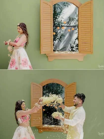 A diptych showing the bride posing and then playfully showering the groom with flowers during their floral-themed celebration.