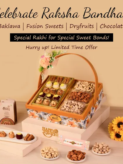 Celebrate Raksha Bandhan with our special gift hampers. This beautiful basket combines our fusion sweets with premium dry fruits, the perfect gift for your sibling.