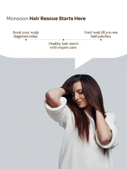 Monsoon hair rescue begins with a proper scalp diagnosis. Don't wait until you see bald patches. Healthy hair starts with expert care that addresses the root cause of seasonal hair fall.