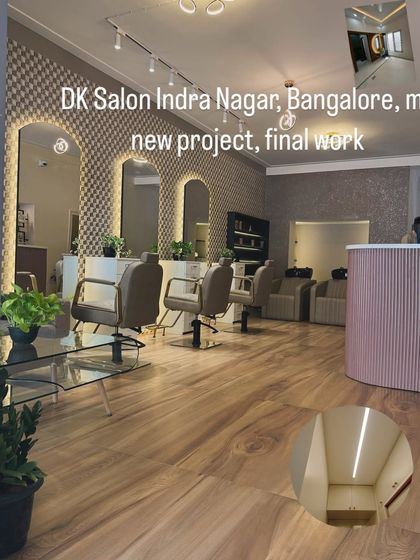 Another shot of the completed DK Salon project in Indra Nagar. The textured accent wall behind the mirrors adds a touch of glamour and sophistication to the space.