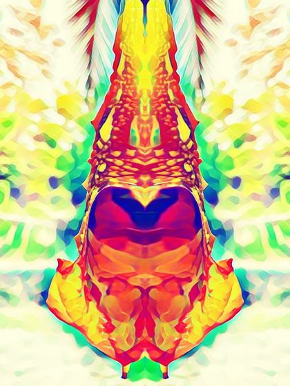 'Hanging'. A vibrant and symmetrical digital creation. The intense colors and intricate patterns give this abstract piece an almost totemic quality.